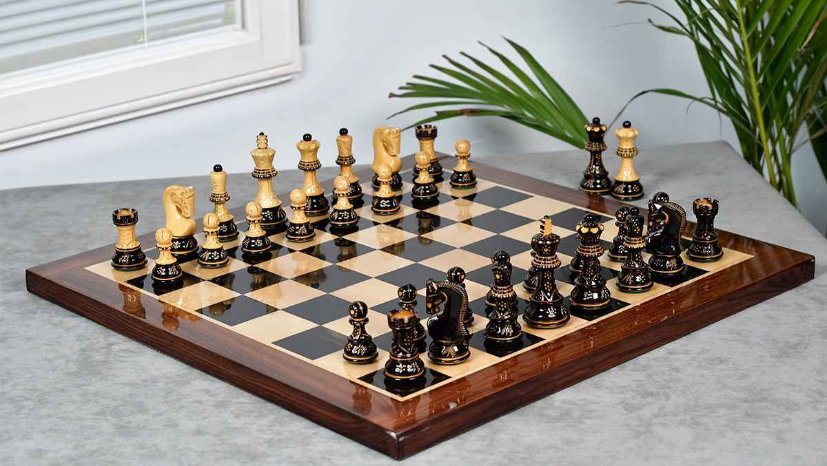 1959 Reproduced Russian Zagreb Staunton Series Chess Pieces in Burnt & Natural Boxwood With Lacquer Finish - 3.89" King
