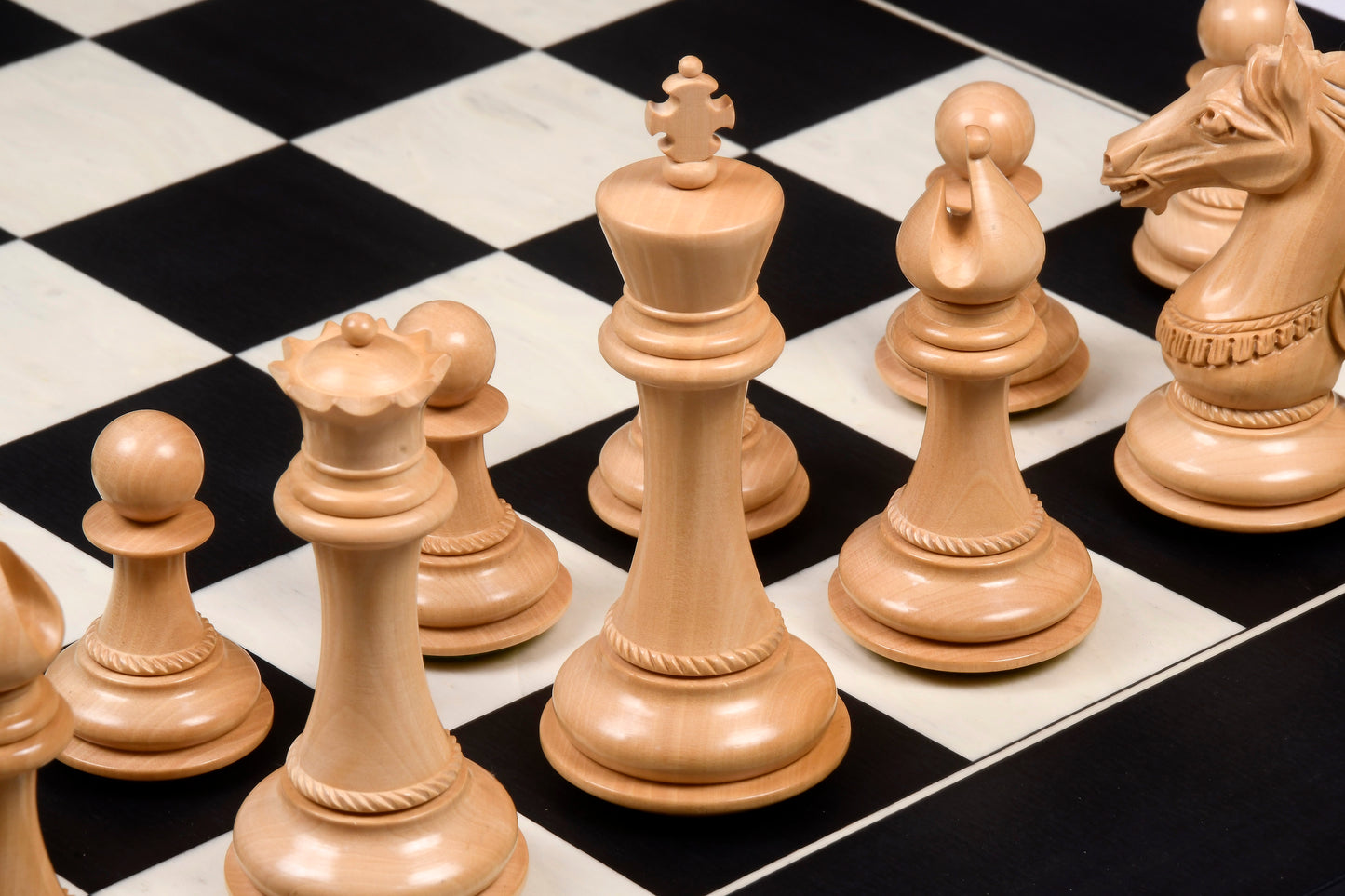 The CB Mustang Series Wooden Triple Weighted Chess Pieces in Ebony / Box Wood - 4.4" King