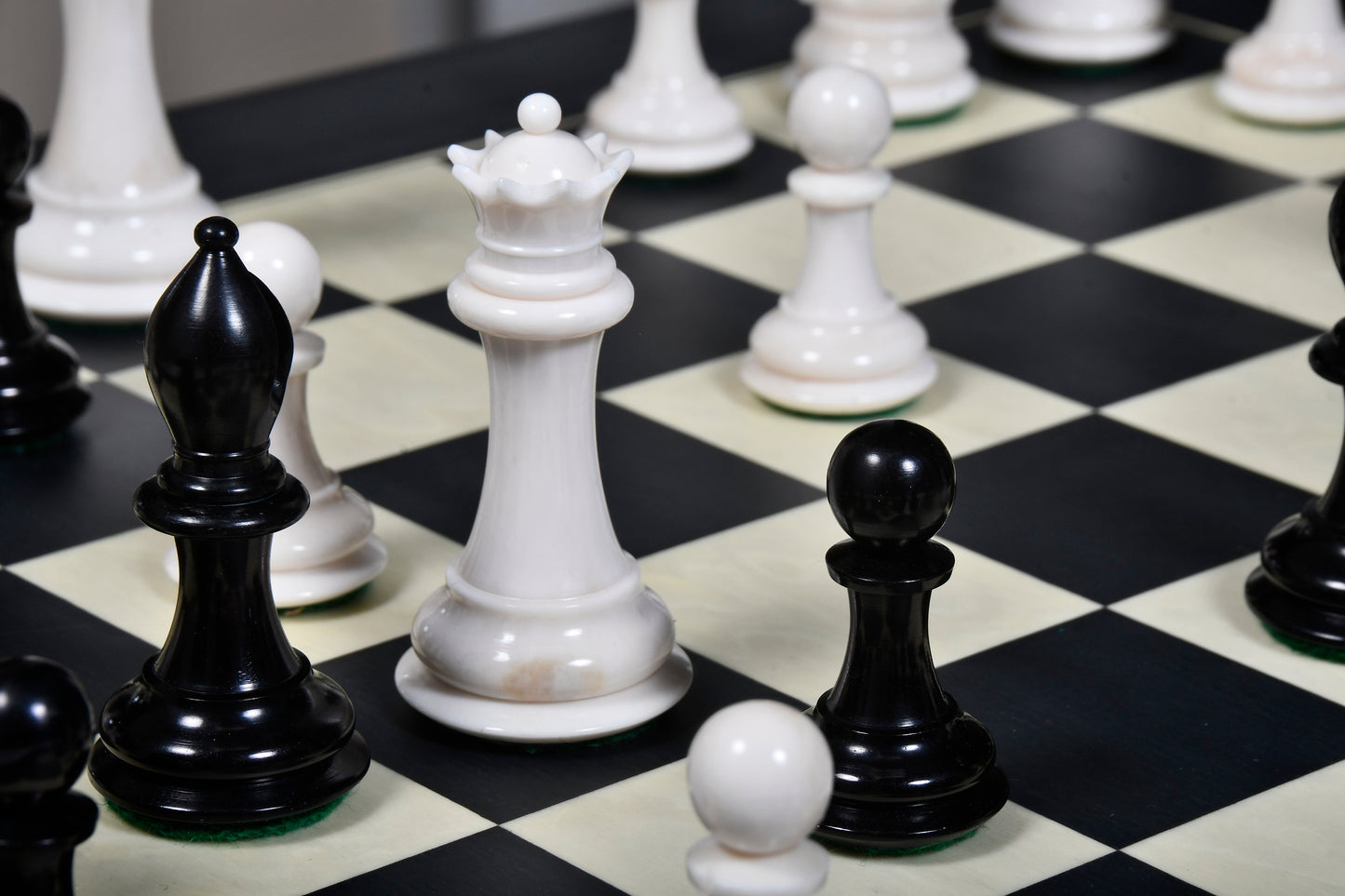 19th Century Staunton Pattern Inspired Camel Bone Chess Set in Black Dyed & Bleached White - 3.6" King