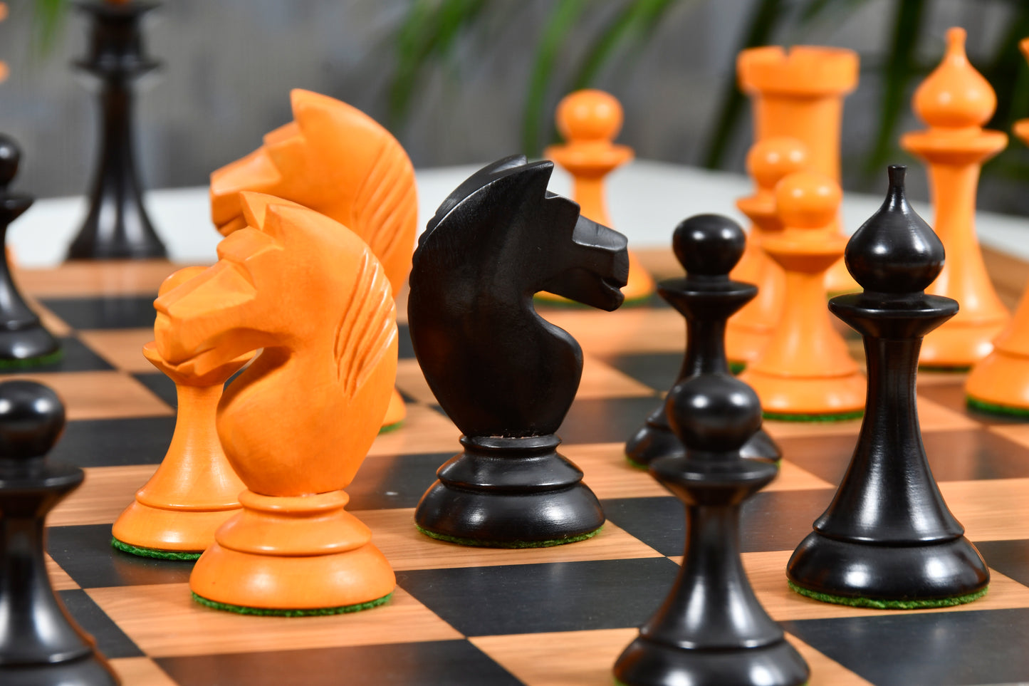 Combo The 1950s Soviet (Russian) Latvian Reproduced Chess Pieces in Ebonized Boxwood / Antiqued Boxwood - 4.1" King with Chess Board