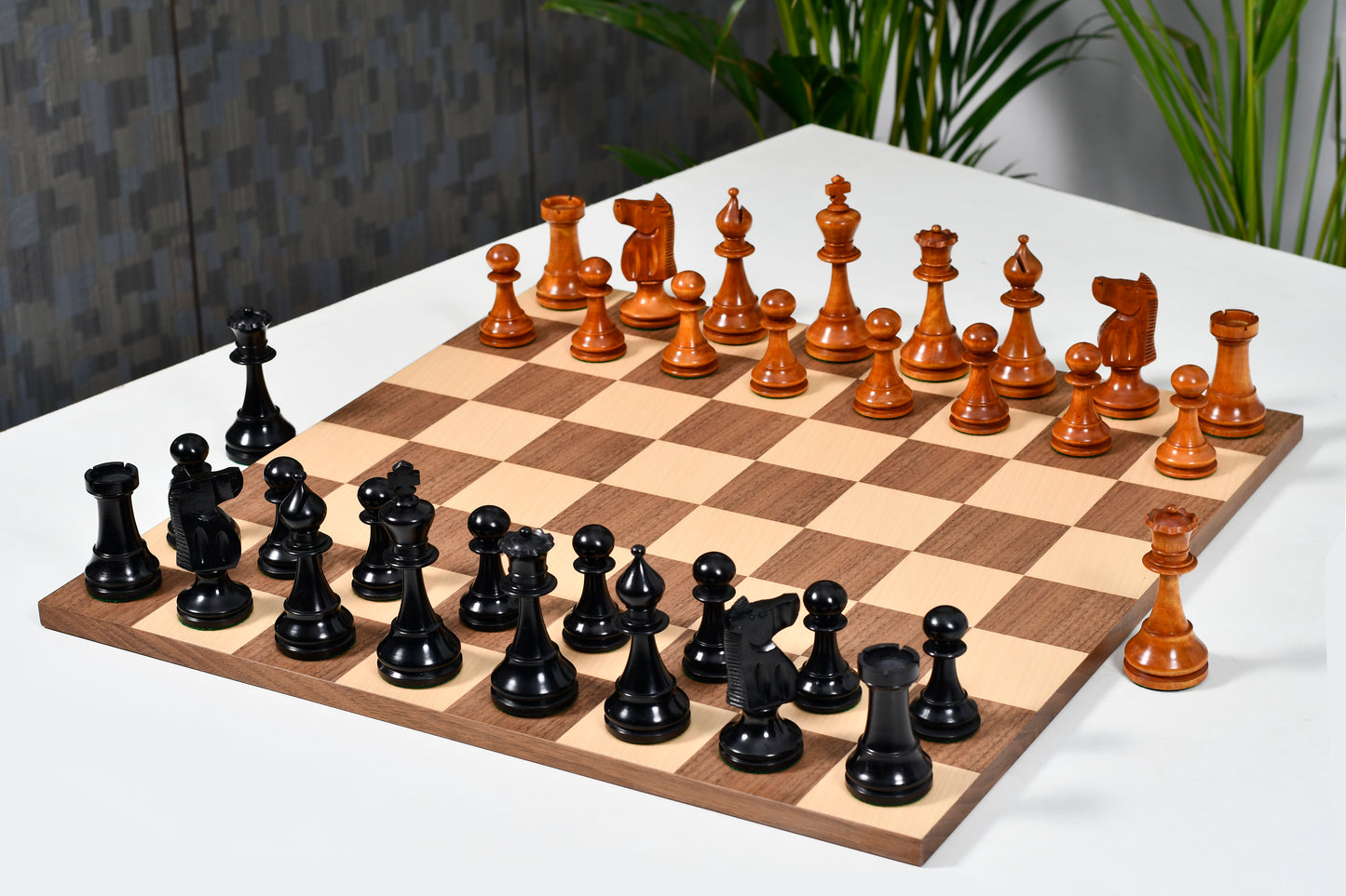 1973 Philippines International Tournament Chess Pieces in Antiqued Wood & Ebonized Boxwood -4.2" King