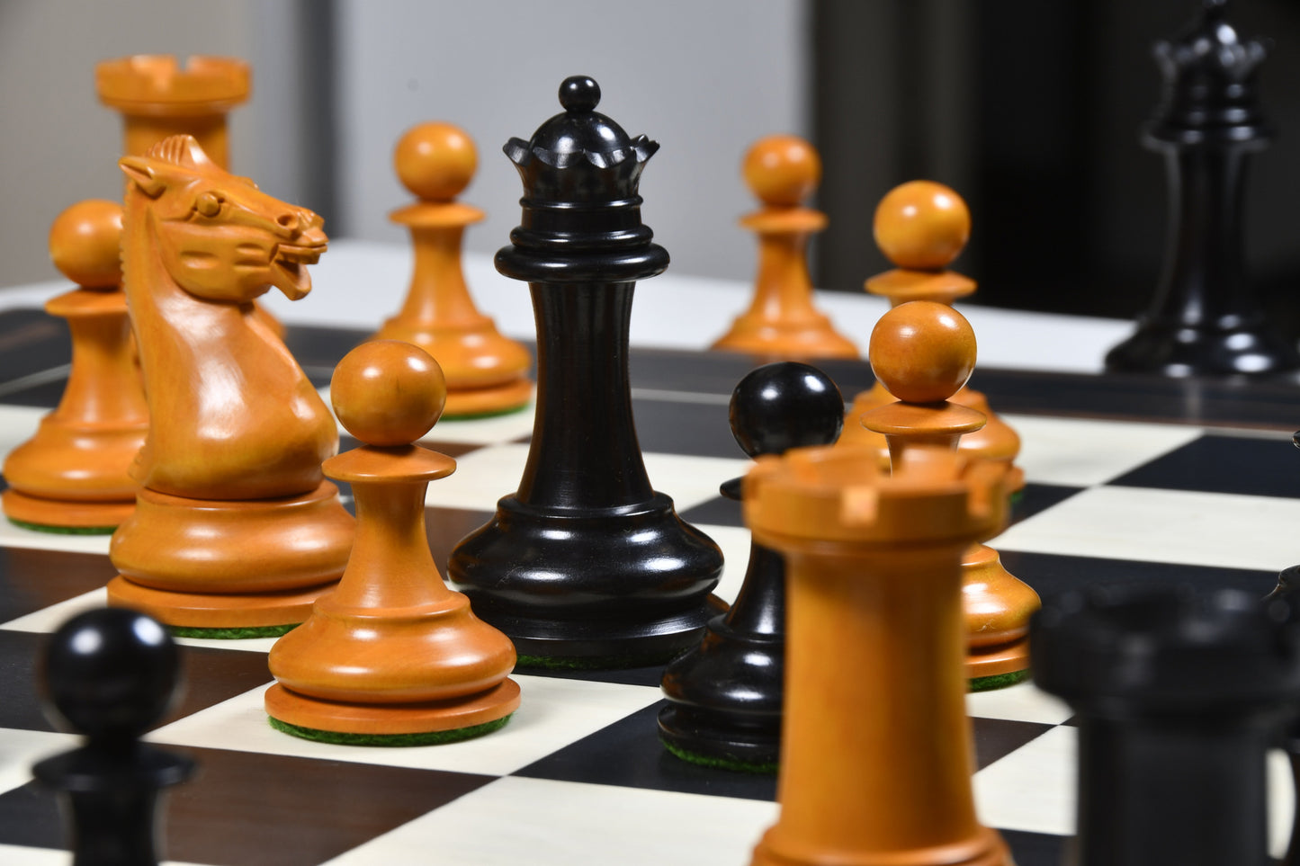 Reproduced Circa 1852 Harrwitz Staunton Pattern Chess Pieces in Ebony / Antiqued Box Wood with King Side Stamping - 4.5" King