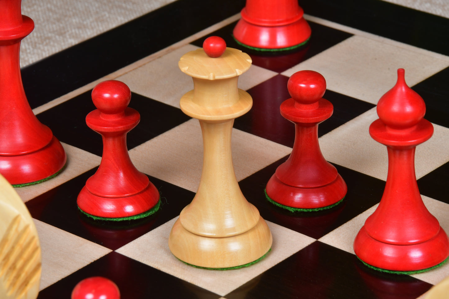 The 1950s Soviet (Russian) Latvian Reproduced Chess Pieces in Stained Crimson / Box Wood - 4.1" King