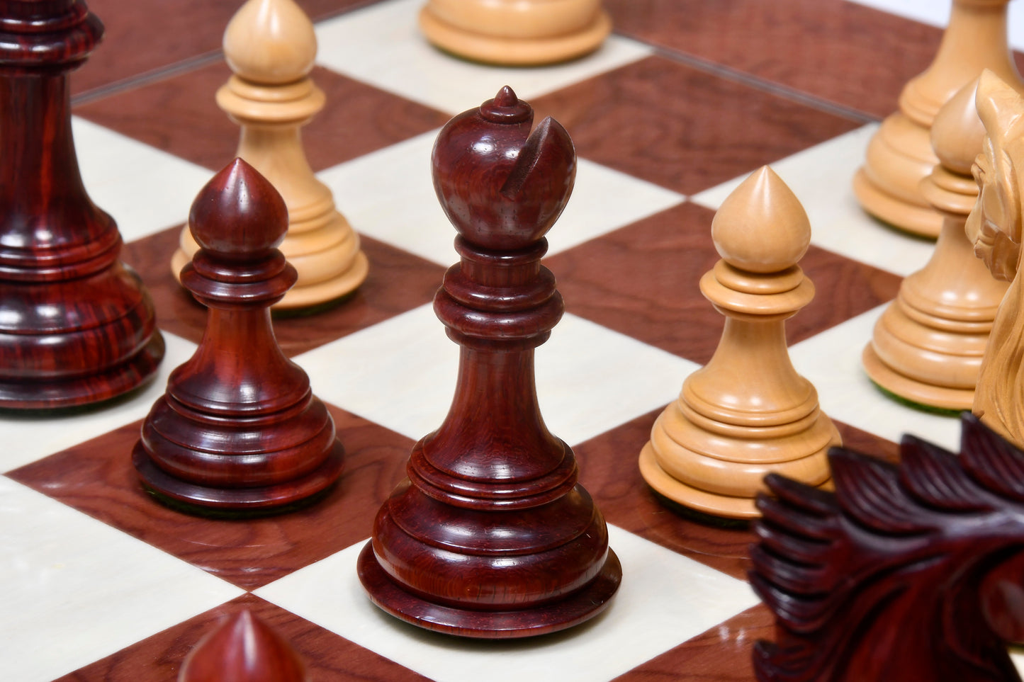 The Sher-E-Punjab Series Chess Pieces in Bud Rose Wood / Box Wood - 4.6" King