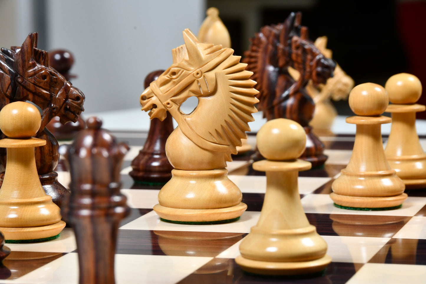 The American Bridle Triple-Weighted Chess Pieces with Extra Queen - Handcrafted in Rosewood & Boxwood 4.2" King
