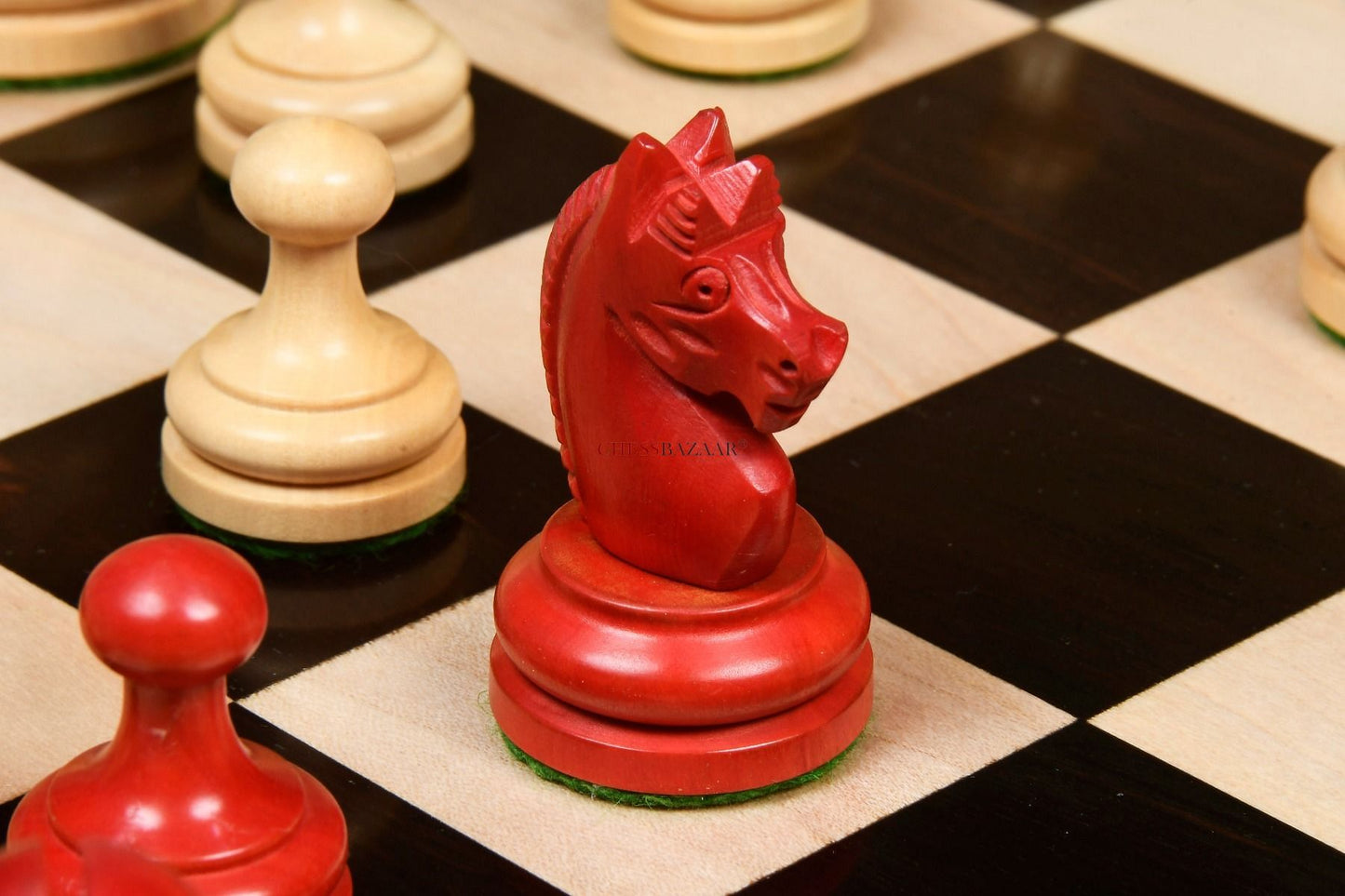 Reproduced Vintage 1930 German Knubbel Analysis Chess Pieces in Stained Crimson and Boxwood - 3" King