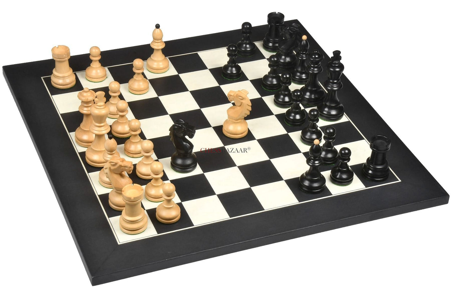 Reproduced Vintage 1950's Circa Bohemia Staunton Series German Chess Pieces in Ebonized Boxwood & Natural Boxwood - 3.89" King