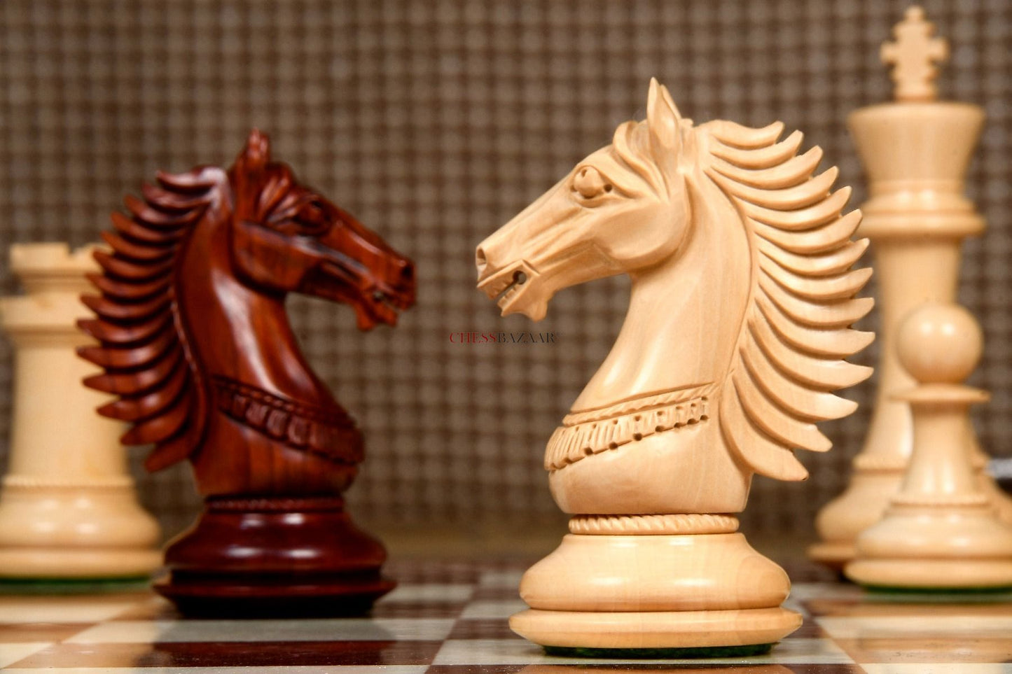 The CB Mustang Series Weighted Chess Pieces in Bud Rose / Box Wood - 4.4" King with Extra Queens