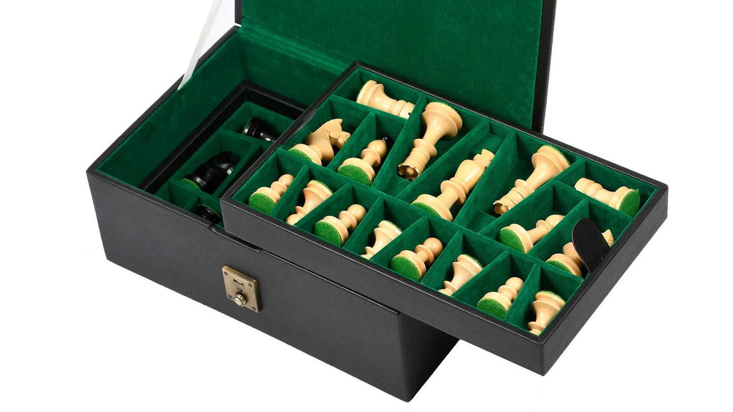 Leatherette Chess Set Storage Box with Double Tray Fixed Slots for 4" - 4.25" Pieces in Black