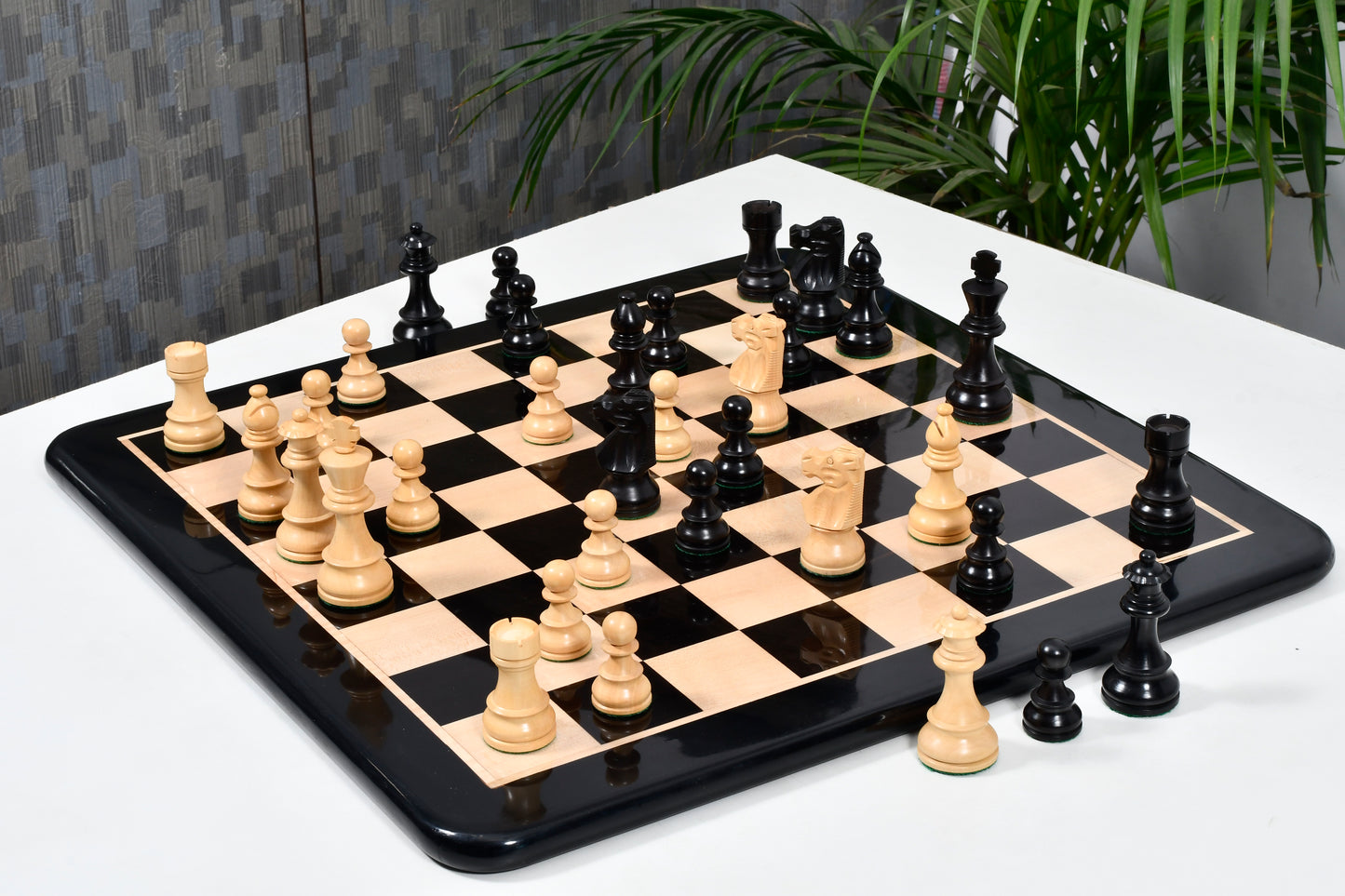 Combo of Repro French Lardy Exclusive Chess Pieces in Ebonized / Boxwood - 3.75" King with Chess Board