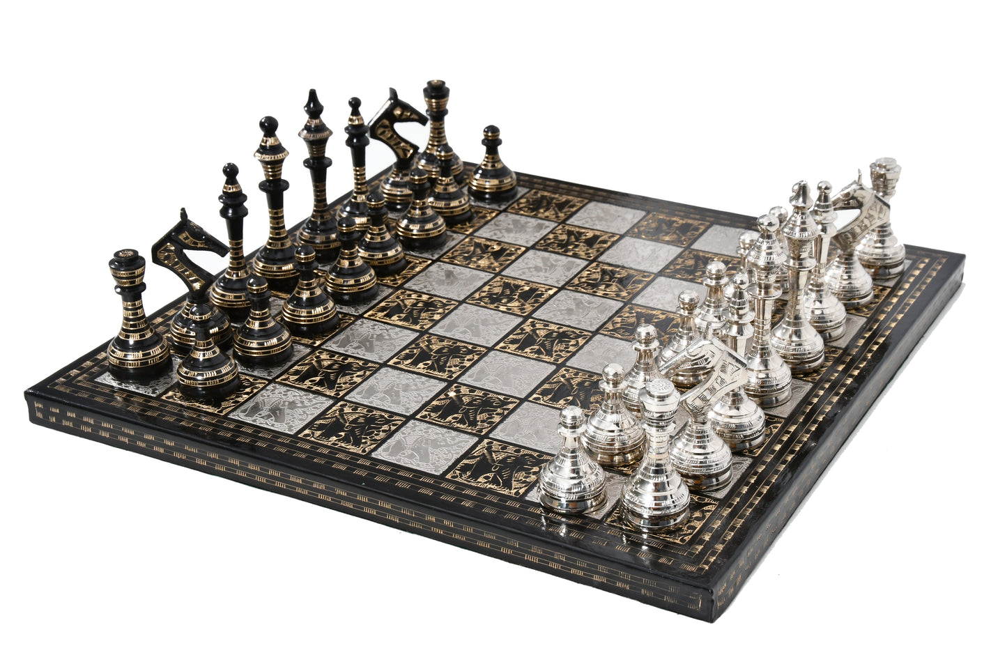 Brass Metal Luxury Chess Pieces with Board Combo in Shiny Silver and Black Color