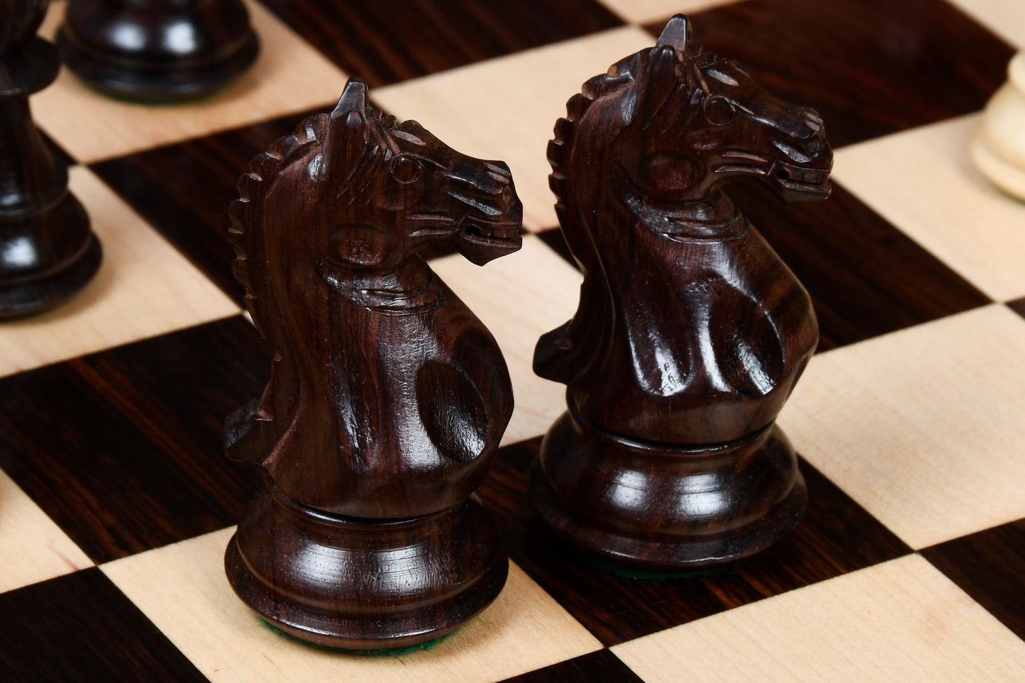 COMBO OF FIERCE KNIGHT STAUNTON SERIES CHESS PIECES IN ROSEWOOD & BOX WOOD - 4.1" KING WITH WOODEN CHESS BOARD - 21"