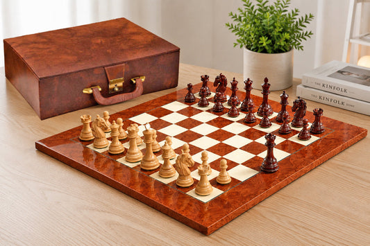 Combo of New Columbian Chess Pieces in Bud Rosewood/Boxwood- 3.8" King with Board & Box
