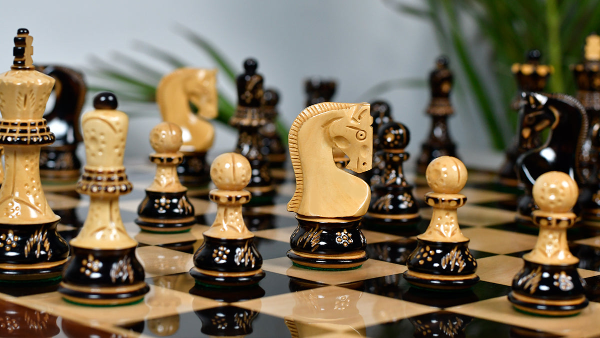 1959 Reproduced Russian Zagreb Staunton Series Chess Pieces in Burnt & Natural Boxwood With Lacquer Finish - 3.89" King