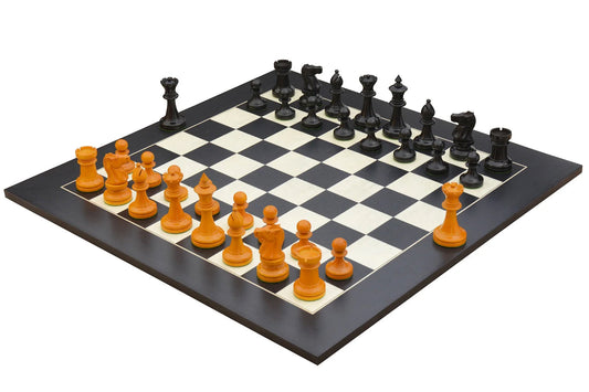 Repro 1904 Cambridge International Congress Pieces in Ebonized / Antiqued Boxwood - 4" King with Black Maple Board