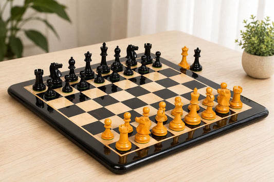 1972 Reproduced Fischer-Spassky Chess Set V2.0 in Ebonized/Antiqued Boxwood with Board