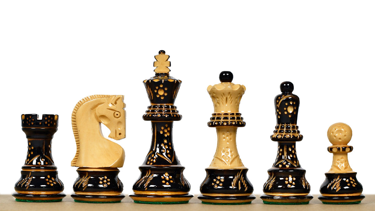1959 Reproduced Russian Zagreb Staunton Series Chess Pieces in Burnt & Natural Boxwood With Lacquer Finish - 3.89" King