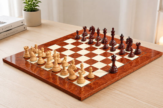 Combo The New Columbian Staunton Series Chess Pieces in Bud Rose Wood & Box wood - 3.8" King with Chess Boards