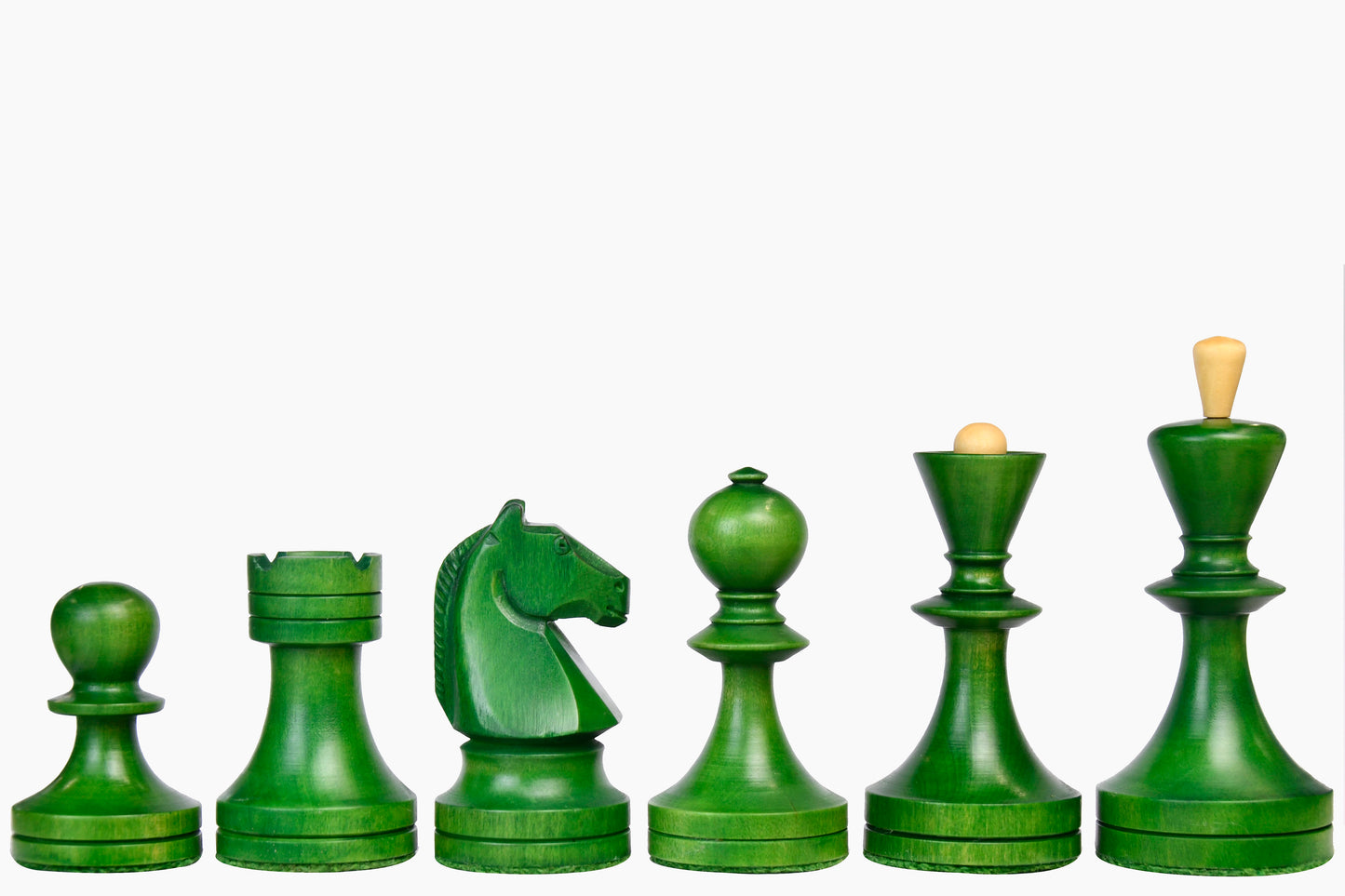 Reproduced Russian (Soviet Era) Series Chess Pieces in Stained Green Ash Burl / Box Wood - 3.7" King