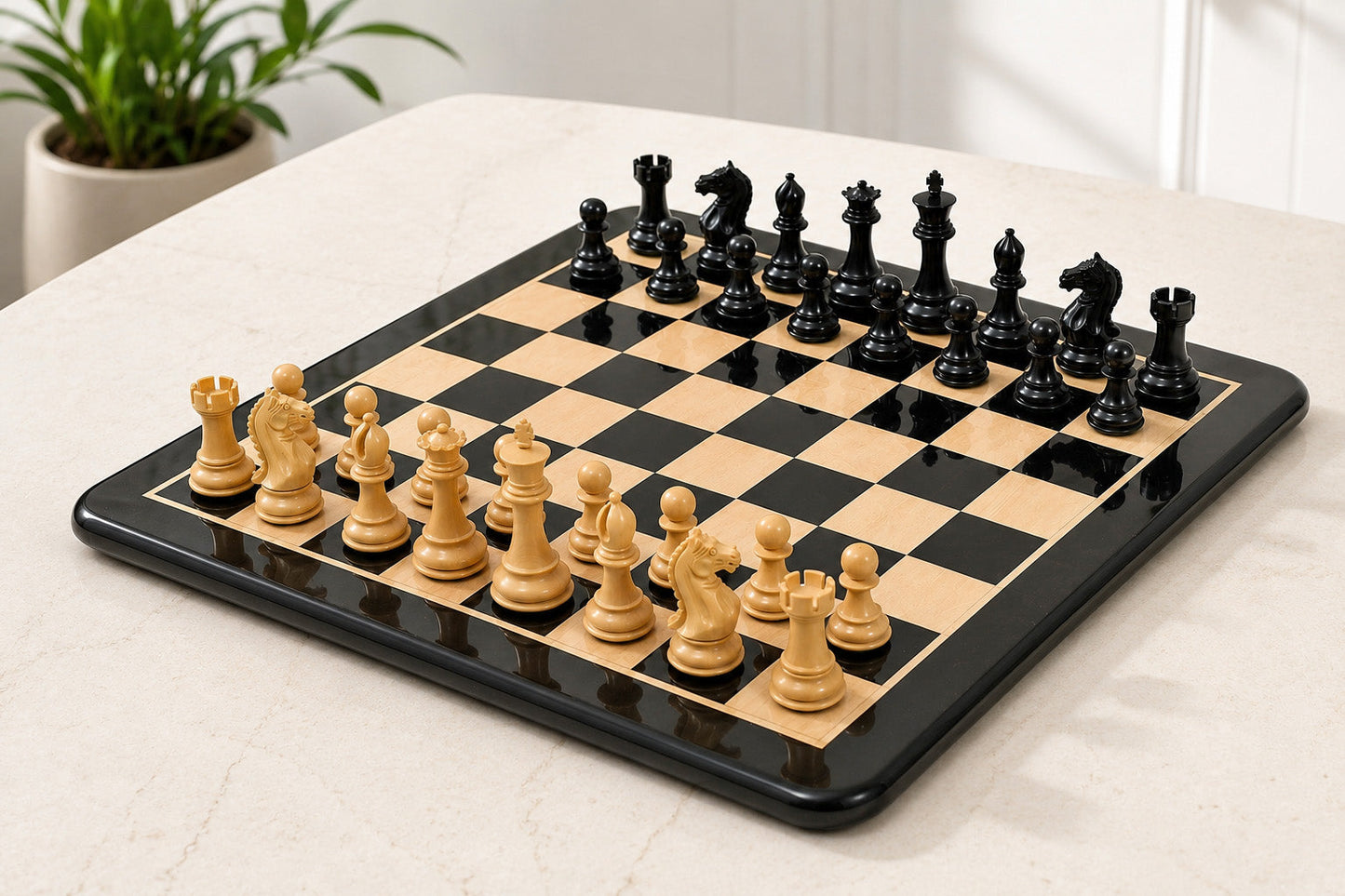 Fierce Knight Chess Pieces in Ebonized/Boxwood - 4.0" King with Board