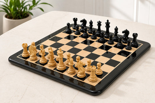 Fierce Knight Chess Pieces in Ebonized/Boxwood - 4.0" King with Board