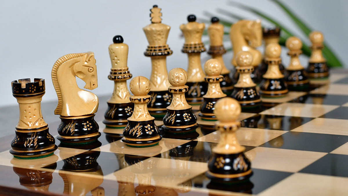 1959 Reproduced Russian Zagreb Staunton Series Chess Pieces in Burnt & Natural Boxwood With Lacquer Finish - 3.89" King