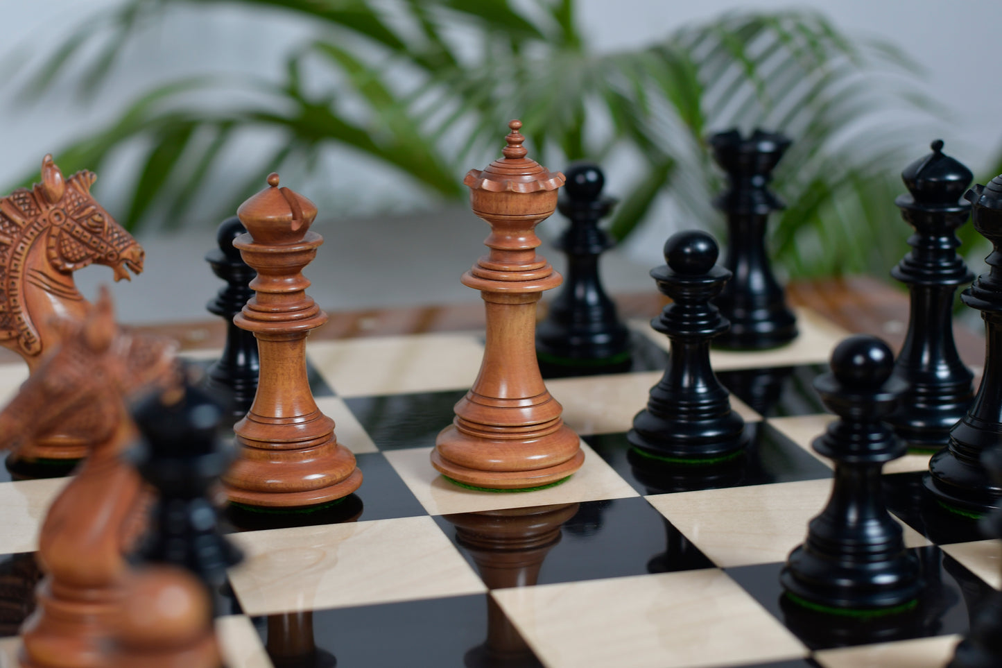 Sikh Empire Series Triple Weighted Wooden Handmade Chess Pieces in Genuine Ebony Wood and Antiqued Wood - 4.5" King with Extra Queens
