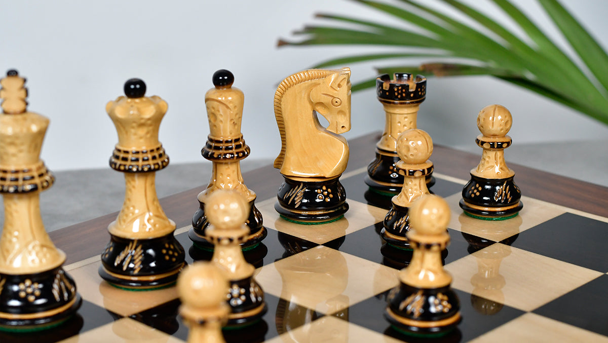 1959 Reproduced Russian Zagreb Staunton Series Chess Pieces in Burnt & Natural Boxwood With Lacquer Finish - 3.89" King