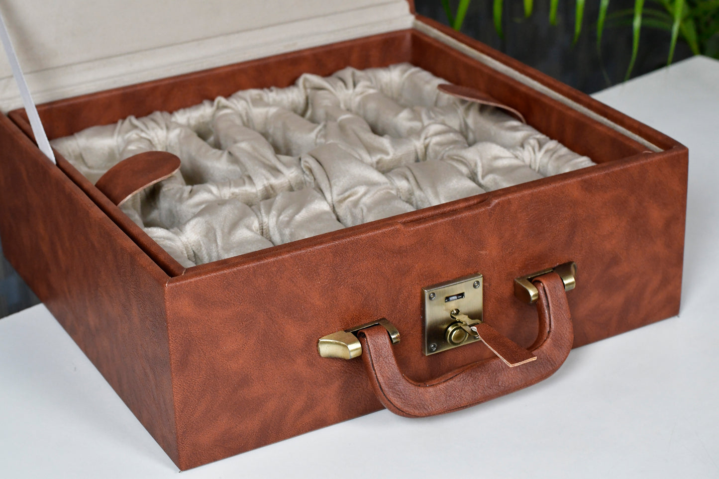 Brown Leatherette Chess Set Storage Box Coffer with Double Tray Fixed Slots for 3.75" - 4.1" Pieces