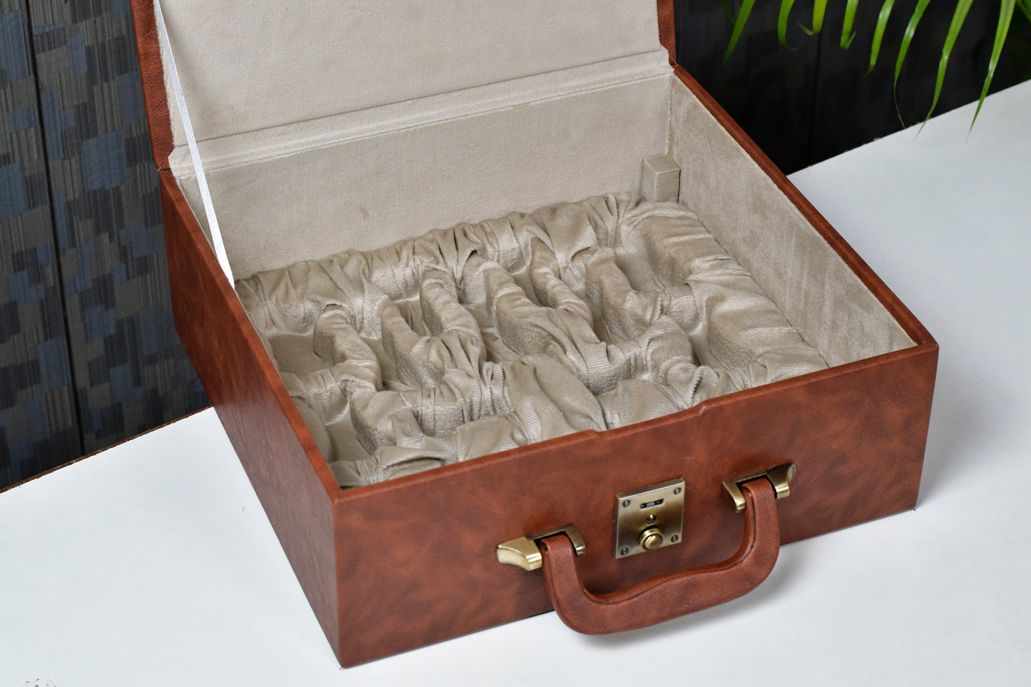 Brown Leatherette Chess Set Storage Box Coffer with Double Tray Fixed Slots for 3.75" - 4.1" Pieces