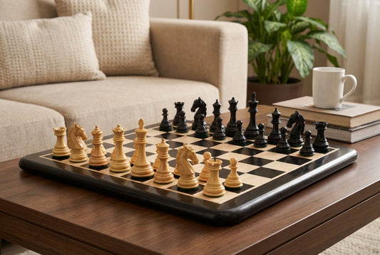 Combo of The New Columbian Staunton Series Chess Pieces in Ebony Wood & Box wood - 3.8" King with Wooden Chess Board