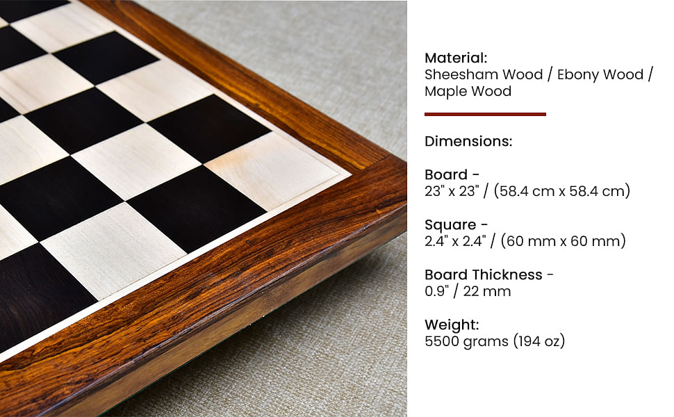 Solid Wooden Indian Notation Chess Board in Genuine Ebony Wood & Maple Wood with Sheesham Wood Border 23" - 60 mm Square