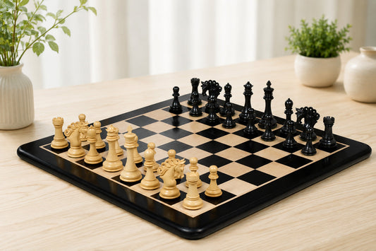 Combo of The Pegasus Series Artisan Staunton Chess Pieces ver 2.0 in Ebony / Boxwood - 4.6" King with Wooden Indian Handmade Chess Board 23" - 60 mm