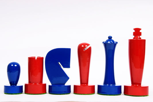 Berliner Series Modern Minimalist Chess Pieces in Red and Blue Painted Box Wood - 3.7" King