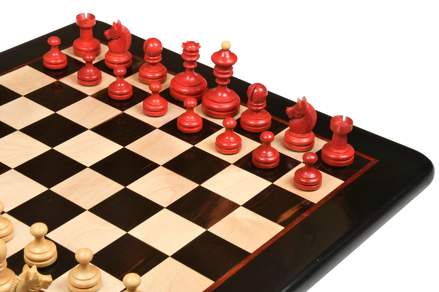 Repro Vintage 1930 German Knubbel Chess Set in Stained Crimson / Boxwood with Board