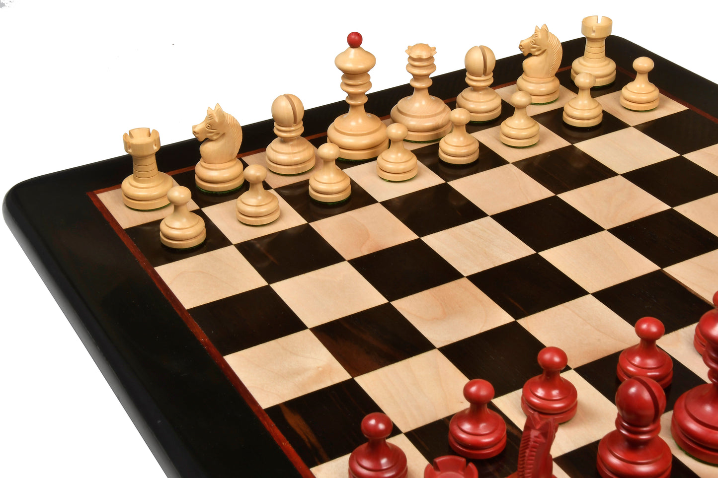 Repro Vintage 1930 German Knubbel Chess Set in Stained Crimson / Boxwood with Board