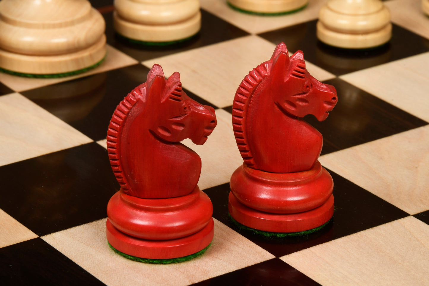 Repro Vintage 1930 German Knubbel Chess Set in Stained Crimson / Boxwood with Board