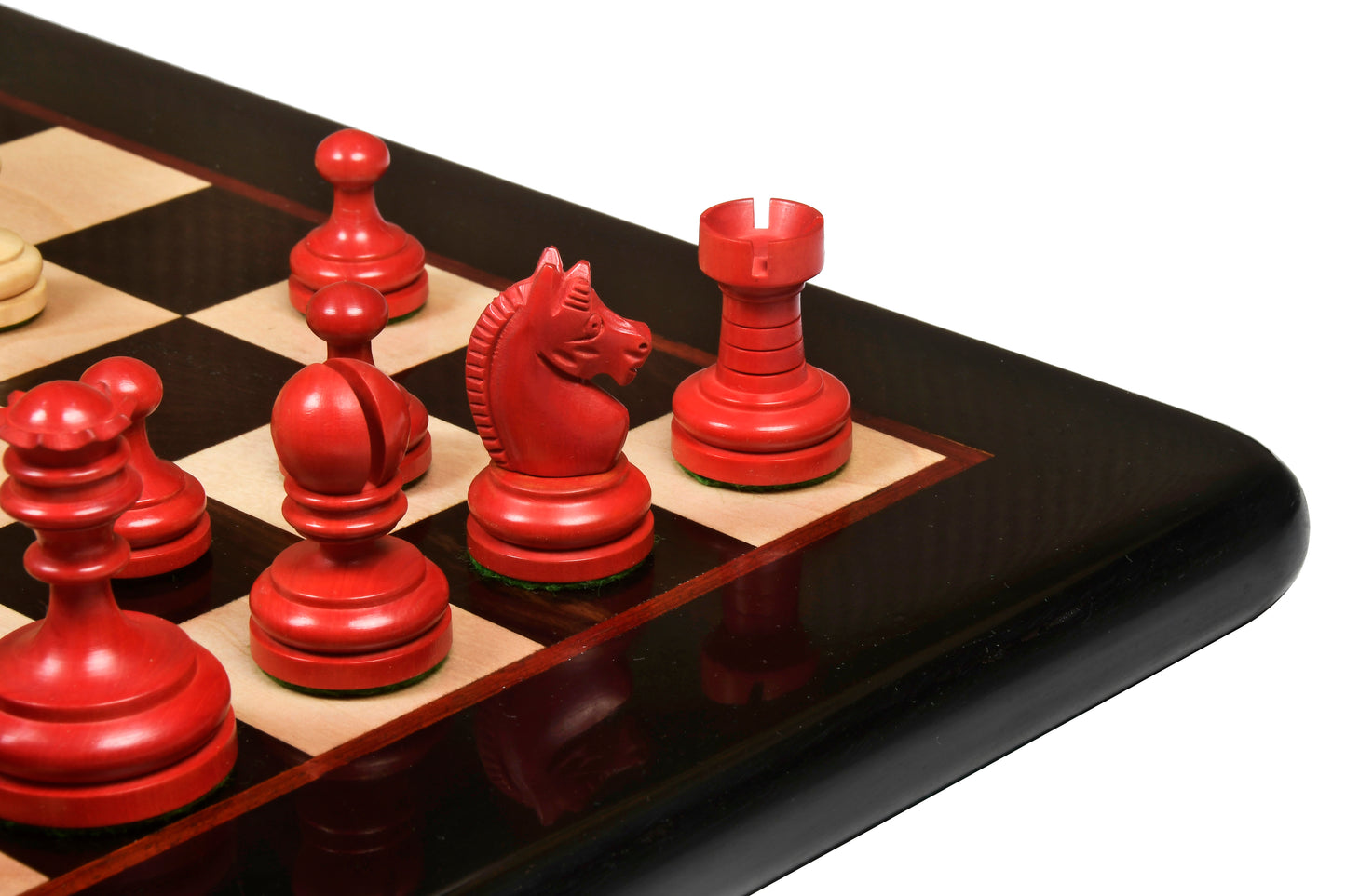 Repro Vintage 1930 German Knubbel Chess Set in Stained Crimson / Boxwood with Board