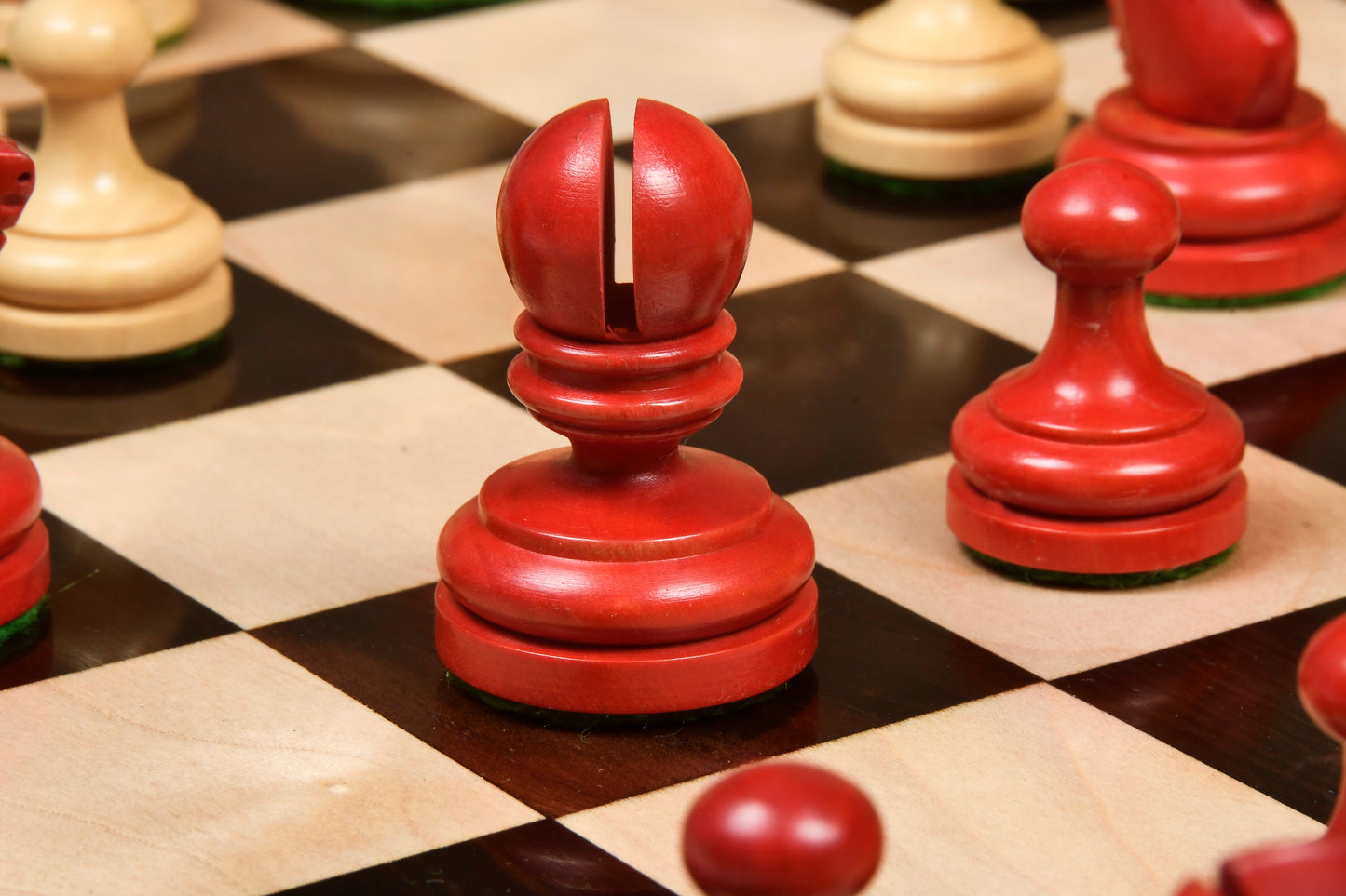 Repro Vintage 1930 German Knubbel Chess Set in Stained Crimson / Boxwood with Board