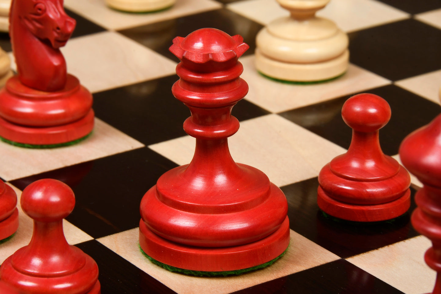 Repro Vintage 1930 German Knubbel Chess Set in Stained Crimson / Boxwood with Board