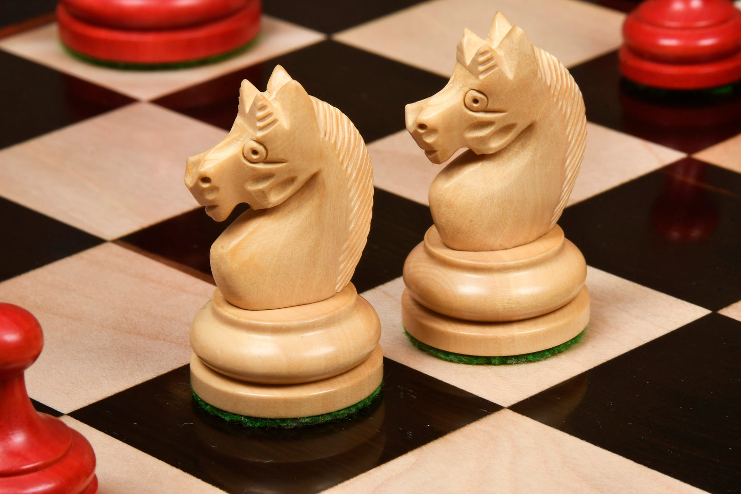 Repro Vintage 1930 German Knubbel Chess Set in Stained Crimson / Boxwood with Board