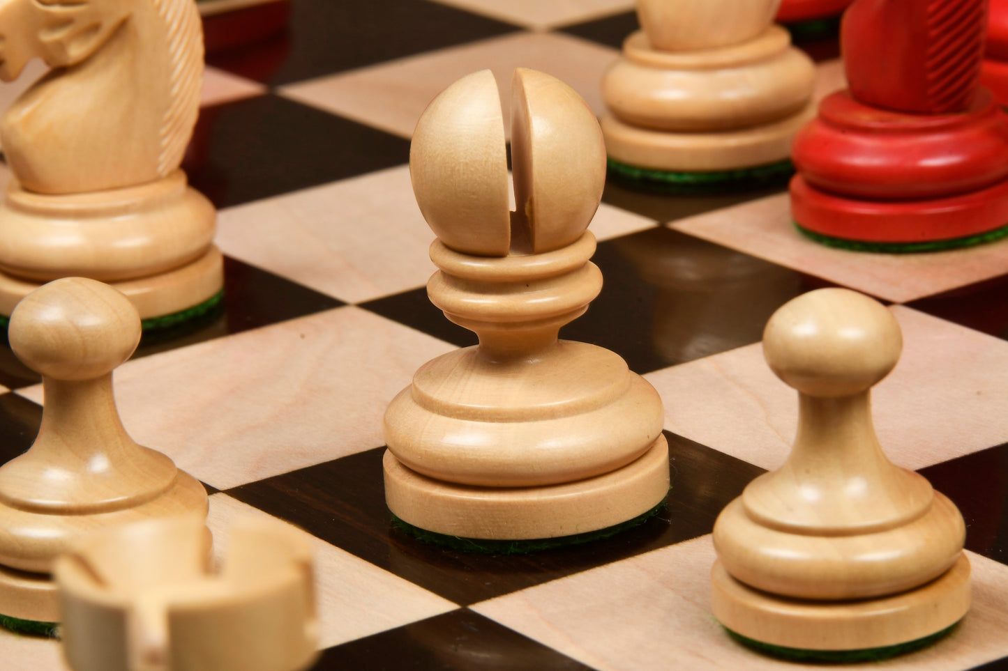 Repro Vintage 1930 German Knubbel Chess Set in Stained Crimson / Boxwood with Board