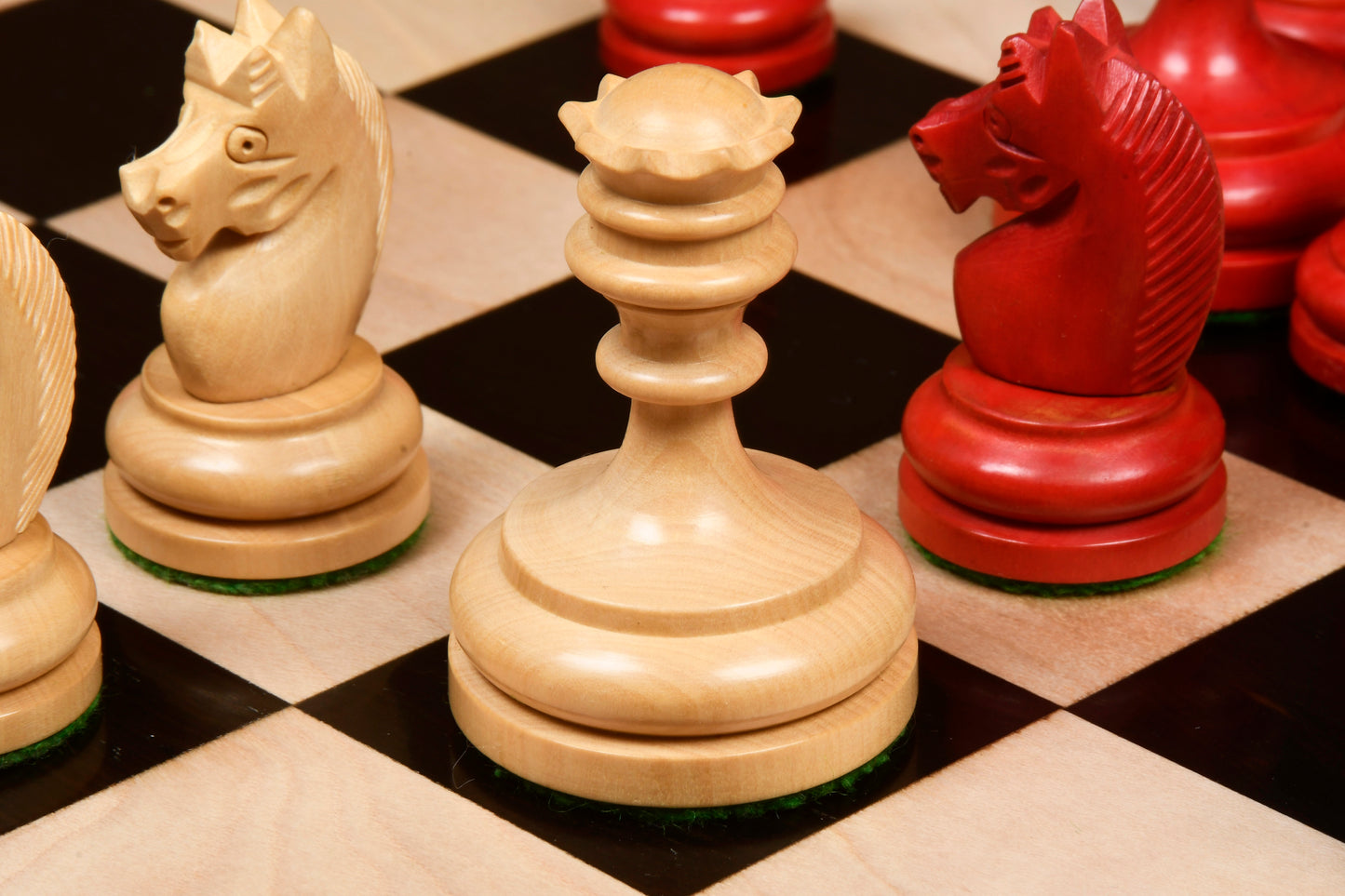 Repro Vintage 1930 German Knubbel Chess Set in Stained Crimson / Boxwood with Board