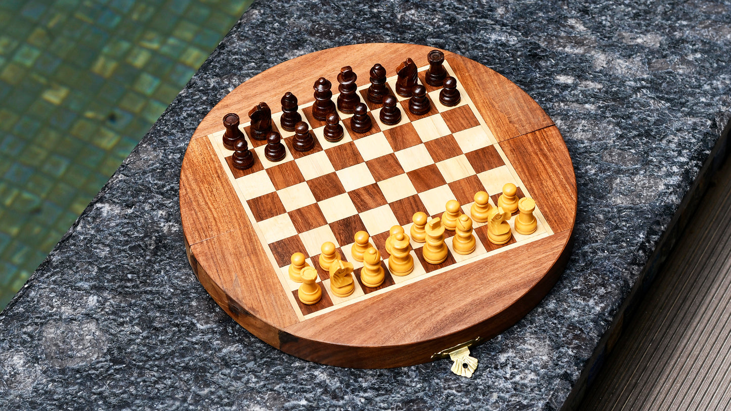 Travel Series Folding Magnetic Round Shape Chess Set In Sheesham wood and Maple-8-3/4"