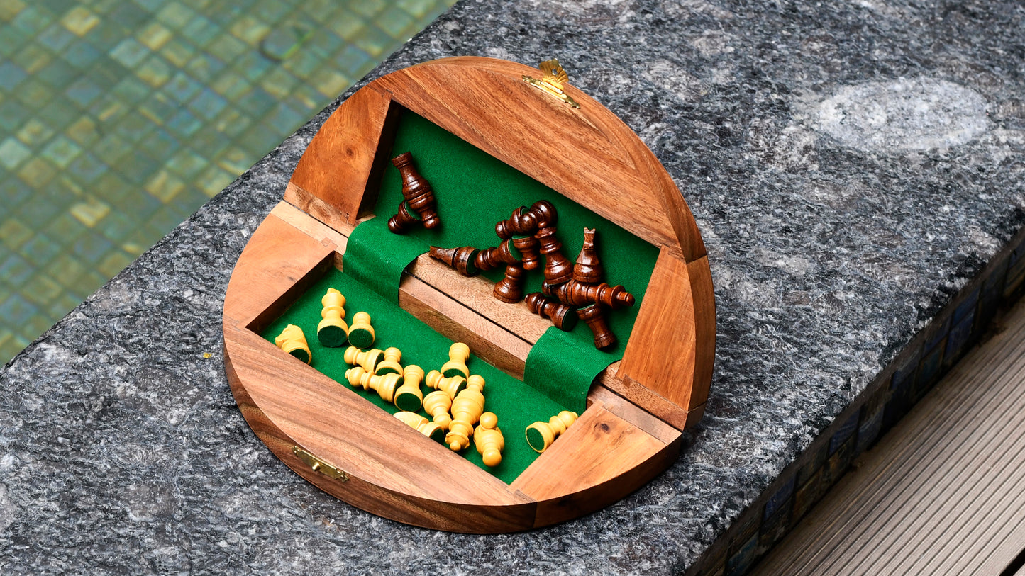 Travel Series Folding Magnetic Round Shape Chess Set In Sheesham wood and Maple-8-3/4"