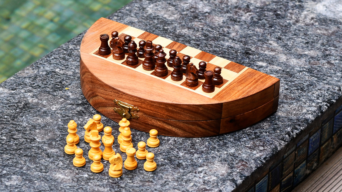 Travel Series Folding Magnetic Round Shape Chess Set In Sheesham wood and Maple-8-3/4"