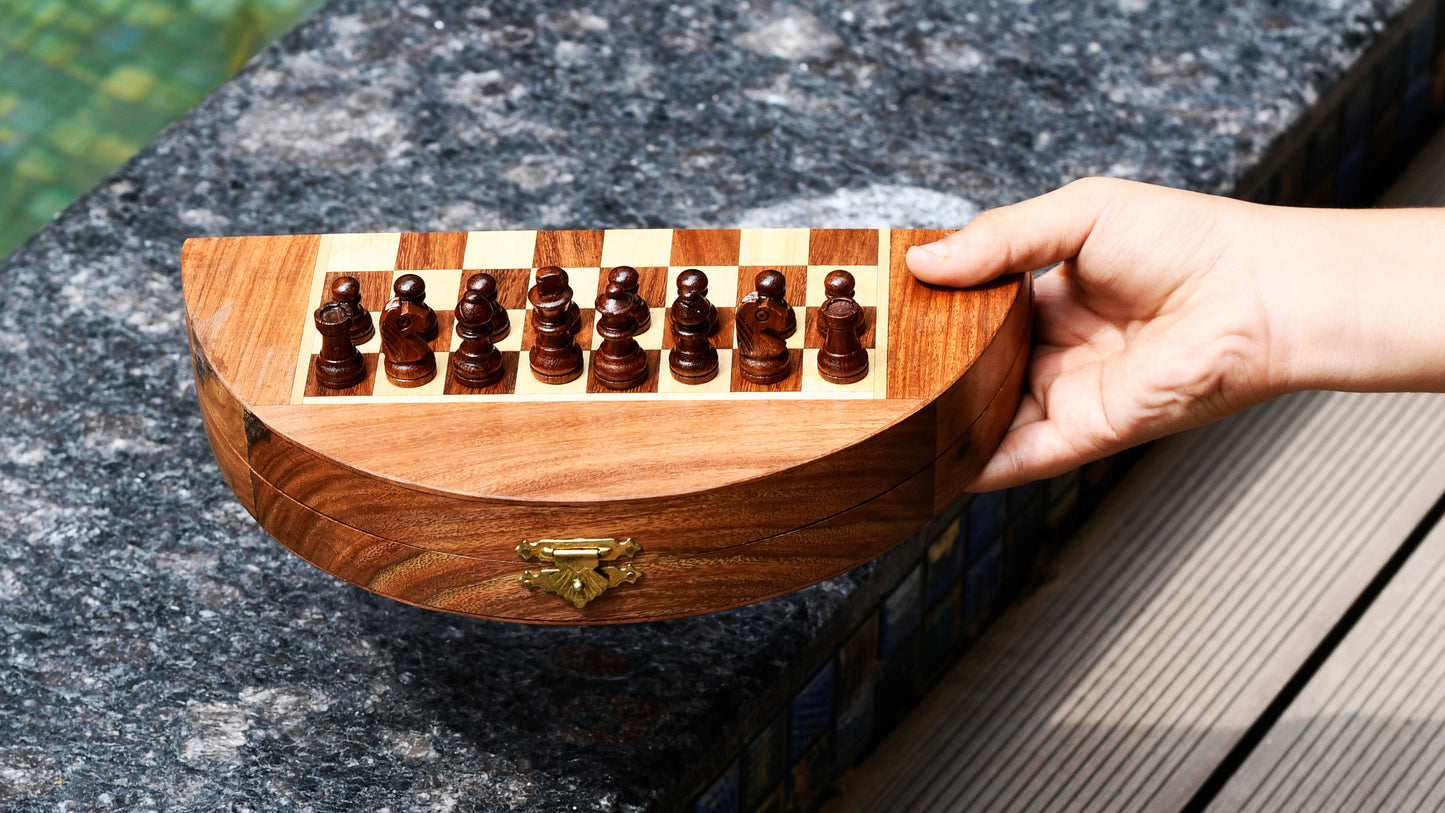 Travel Series Folding Magnetic Round Shape Chess Set In Sheesham wood and Maple-8-3/4"