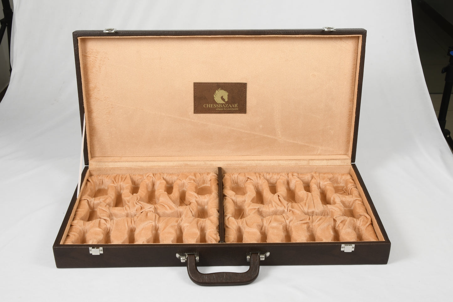 Leatherette Chess Set Briefcase Storage Box Coffer (Brown Color) with Fixed Slots for 3.75" - 4" Pieces