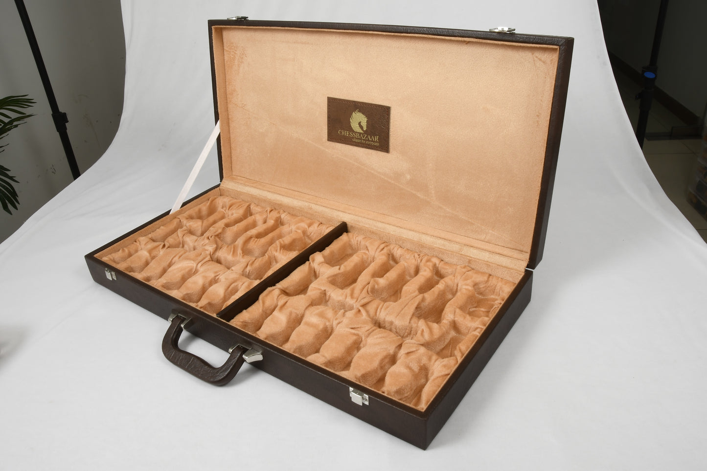Leatherette Chess Set Briefcase Storage Box Coffer (Brown Color) with Fixed Slots for 3.75" - 4" Pieces