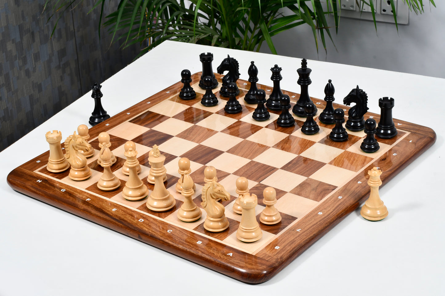 Derby Knight Chessmen in Ebonized Wood- 4.1" King with 21" Notation Board